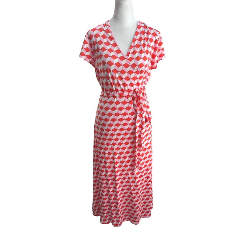 Boden NWT Maxi Dress 12 Long Mod Red Pink Geometric Cube Print EcoVero Wrap
